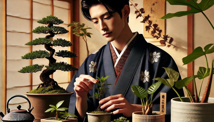 盆栽を愛でる若者